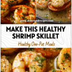 Juicy lemon garlic shrimp in a skillet with olive oil and herbs for a healthy seafood dinner.